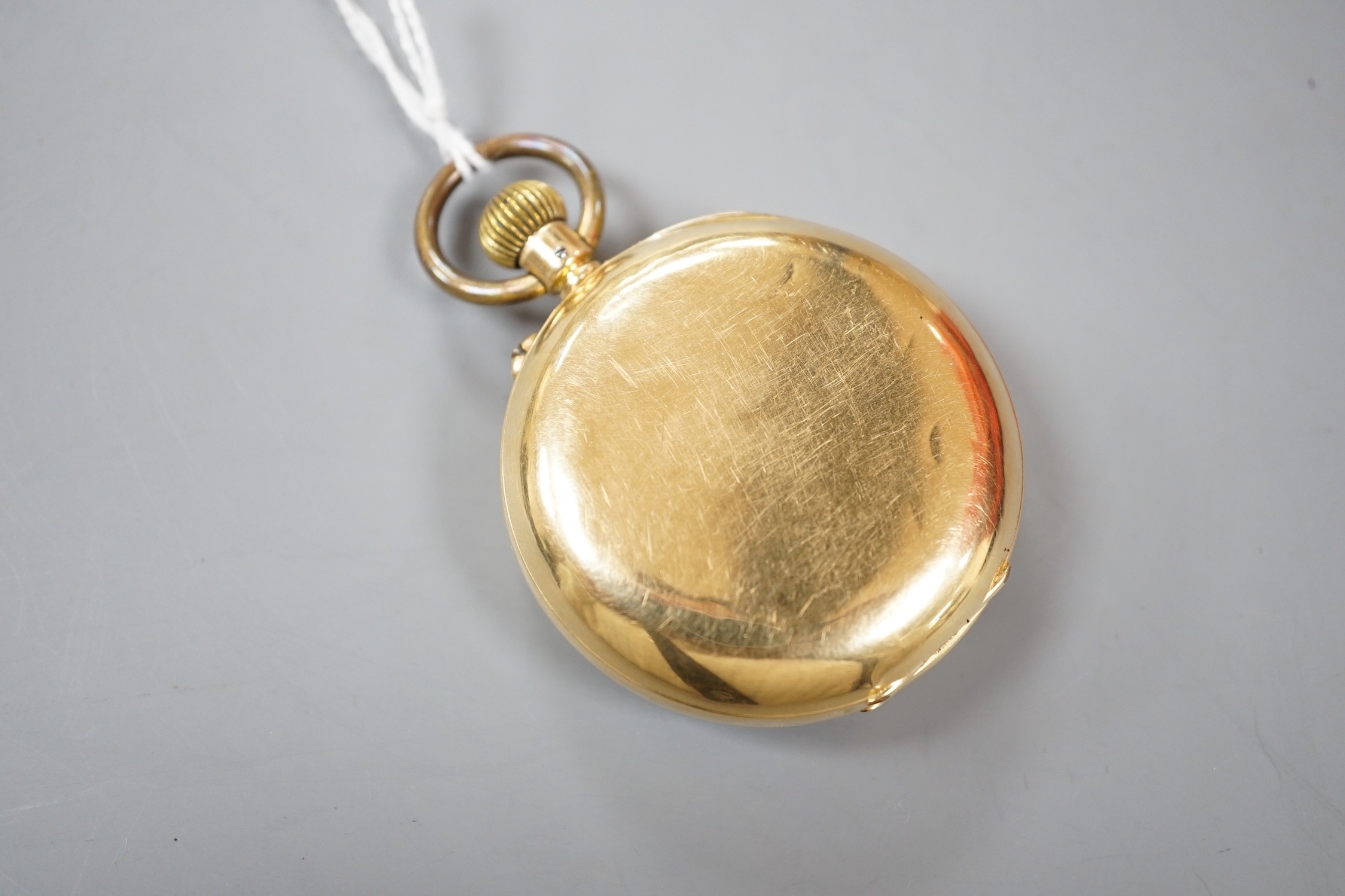 An early 20th century continental 18k open faced chronograph pocket watch, retailed by Hyland, London, case diameter 47mm, with gilt metal dust cover, gross weight 82.9 grams